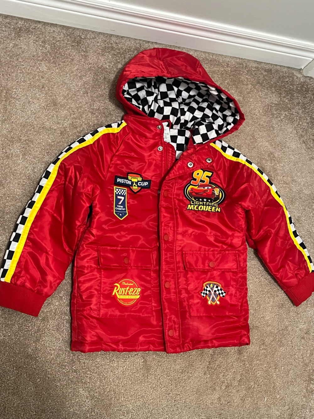 Disney store Lightning McQueen Red Racing Hooded Jacket Checkered Lining 5/6
